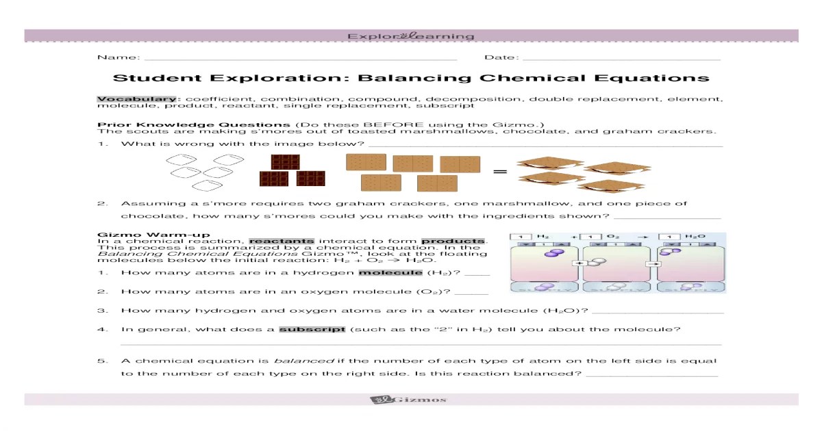 Chemical equations gizmo answer key